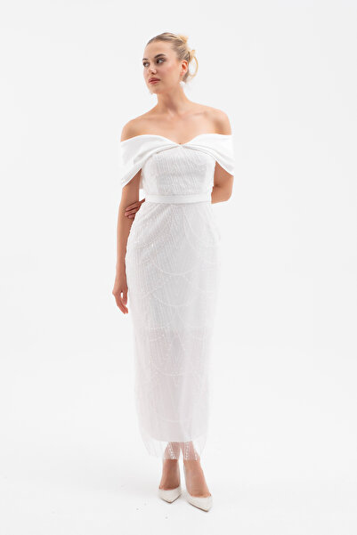 Lafaba Women's White Boat Neck Midi Beaded Evening Dress