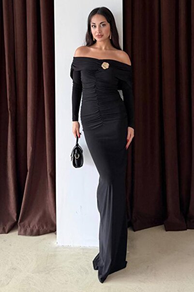 VAGGON Madonna Collar Draped Maxi Length Dress with Accessory Detail