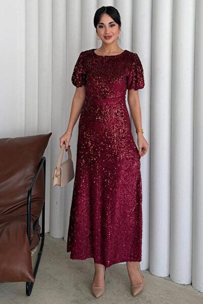 VAGGON Balloon Sleeve Stone Embroidered Drawstring Midi Dress