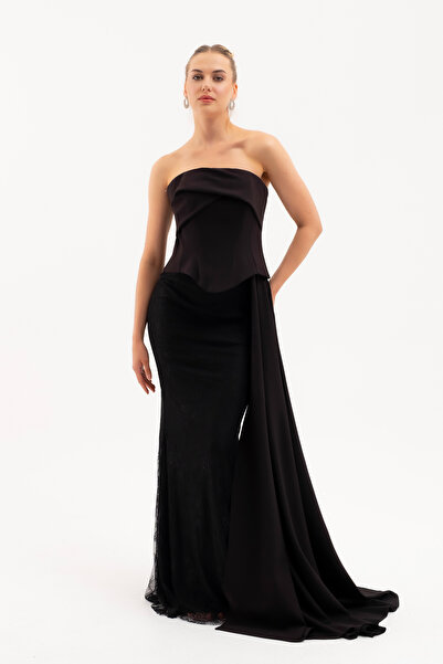 Lafaba Women's Black Strapless Neckline Lace Detail Long Evening Dress