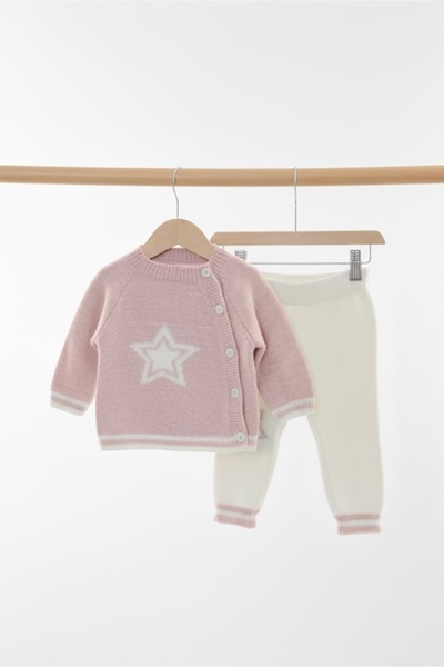 Bursa Trikomer Star Knit Patterned Stylish Side Buttoned High Neck Knitwear Soft Textured Baby Set