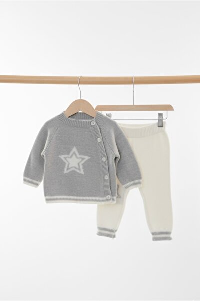 Bursa Trikomer Star Knit Patterned Stylish Side Buttoned High Neck Knitwear Soft Textured Baby Set
