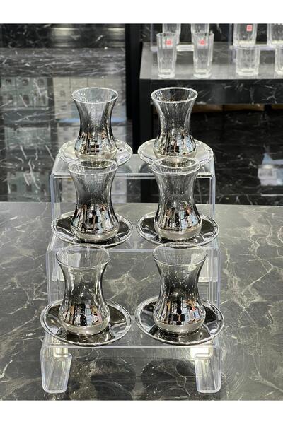 isra kristal Luxury Silver 6-Piece Glass Tea Set – Stylish Tea Cup and Saucer Set – Dishwasher Safe Tea Set