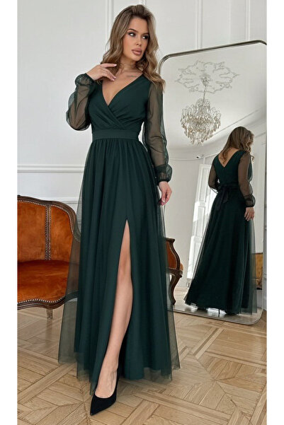 SELİN MODA EVİ Γυναικείο μακρυμάνικο φόρεμα διπλό πέτο με λαιμόκοψη και ζώνη στη μέση, μακρύ κρεπ φόρεμα από τούλι, φόρεμα ειδικής περίστασης και βραδινό φόρεμα