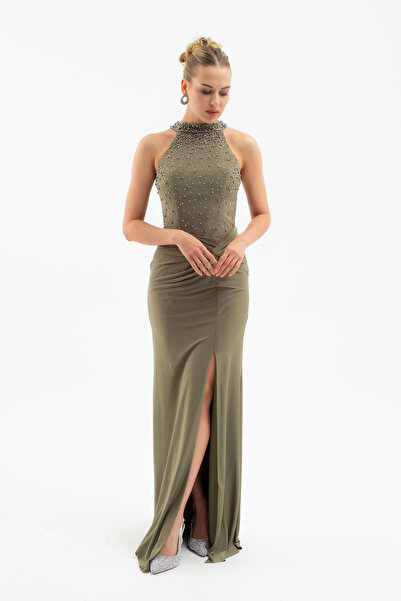 Lafaba Women's Khaki Halter Neck Rhinestone Long Evening Dress