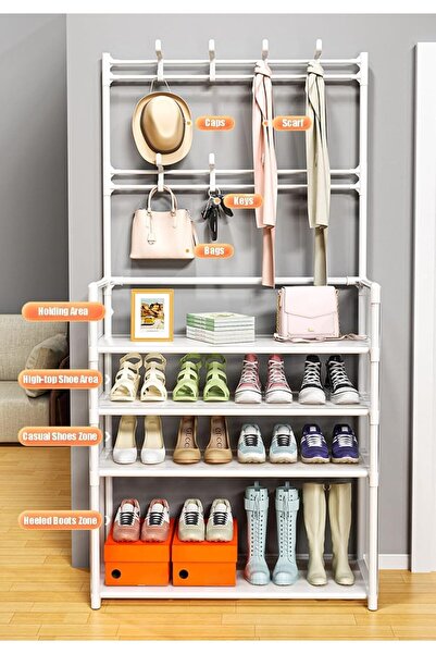 Miskat Trading Metal Hat & Coat Rack with 8 Hooks — 5-Tier Free-Standing Shoe Rack (Carbon Steel)