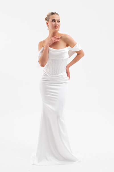 Lafaba Women's White Boat Neck Beaded Long Satin Evening Dress