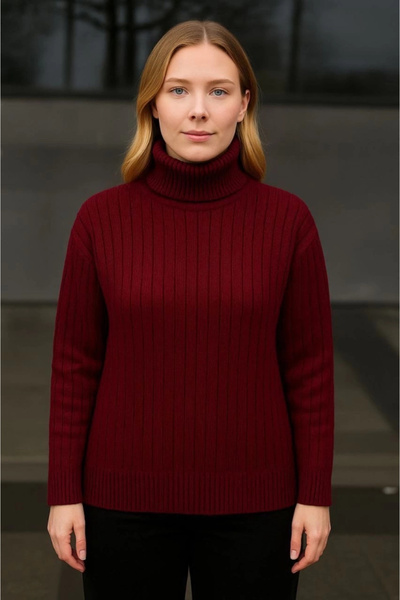 GENCULUS Fisherman Collar Knitted Sweater Cotton Thick Corded Fabric Woven Claret Red