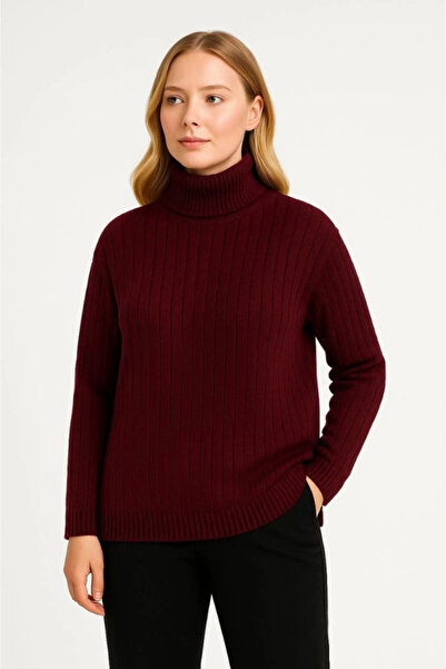 GENCULUS Fisherman Collar Knitted Sweater Cotton Thick Corded Fabric Woven Claret Red