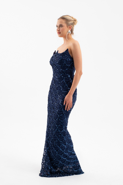 Lafaba Жіноче синє без бретелей довге вечірнє плаття з вишивкою бісером
