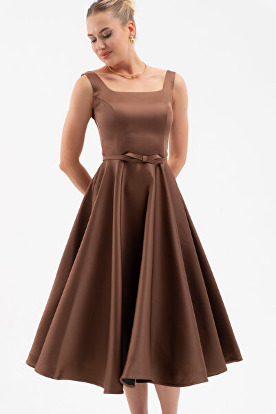 Lafaba Women's Brown Square Neck Belted Midi Promise Engagement Dress