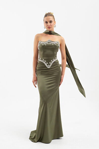 Lafaba Women's Khaki Strapless Stone Long Satin Evening Dress