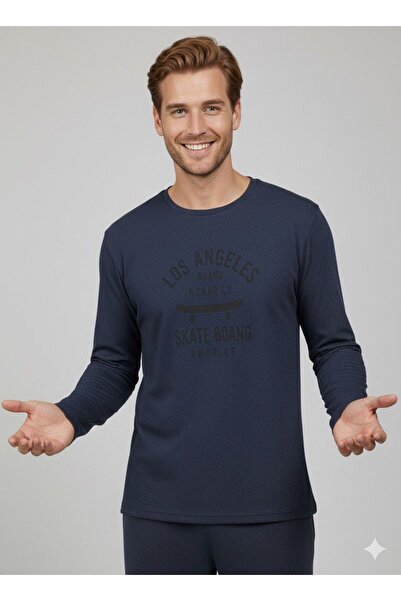 FAMES PİJAMA Men's Long Sleeve Combed Cotton Pajama Set Navy Blue