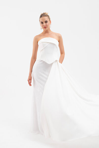 Lafaba Women's White Strapless Neckline Lace Detail Long Evening Dress