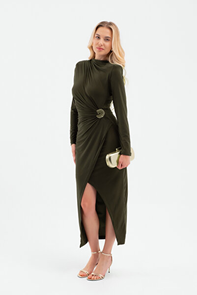Lafaba Women's Khaki Accessory Detail Midi Dress