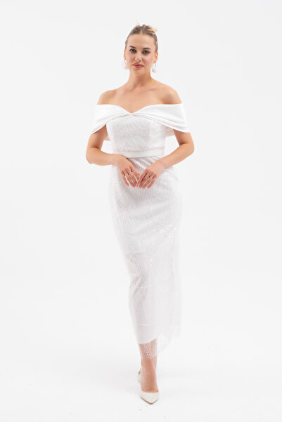 Lafaba Women's White Boat Neck Midi Beaded Evening Dress