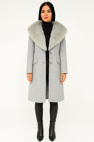 CİDDE Women's Fur Collar Belted Cashmere Coat