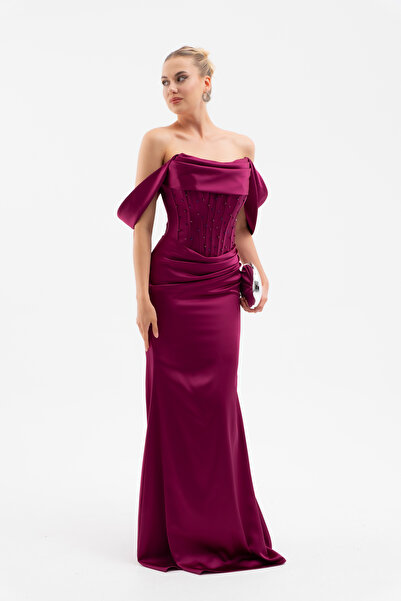 Lafaba Women's Plum Boat Neck Beaded Long Satin Evening Dress