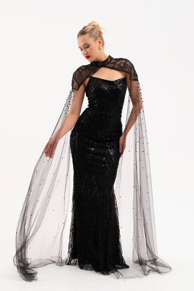 Lafaba Women's Black Shawl Detail Beaded Long Evening Dress