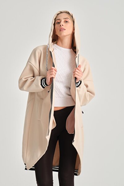 della moor Women's Beige Italian Hooded Zippered Thin Coat