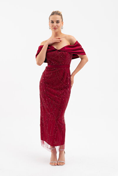 Lafaba Women's Burgundy Boat Neck Midi Beaded Evening Dress