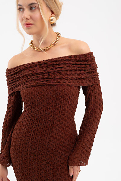 Lafaba Women's Brown Open Shoulder Long Lace Dress