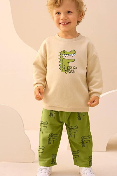Monila Boy's Crocodile Printed 3 Thread Cotton Fabric Top and Bottom Set
