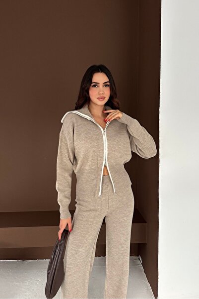 Noi Belis Zipper Detailed Turn-Down Collar Knitwear Bottom-Top Set Aw25Au0036