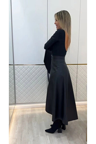 GENCULUS Women's Belted Long Leather Skirt