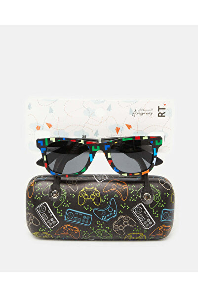 REDTAG Boys Black Wayfarer Sunglasses With Printed Case (2 Piece)