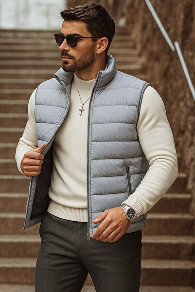 comstar Men's Winter Zippered Basic Gray Puffer Vest with Pockets