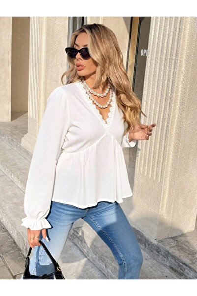 GENCULUS Women's Long Sleeve V Lace Neck Aerobin Blouse