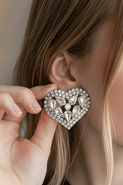TAKIŞTIR Silver Color Heart Figured Stone Evening Dress Earrings Henna/Bridal...