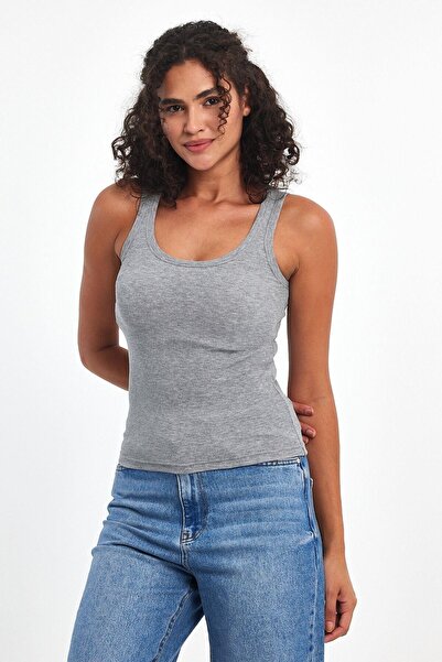 mmetalic Women's Gray Ribbed Look Thick Basic Tank Top with Straps