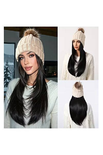 animis beauty Perucă tip pălărie neagră, păr lung și drept, fibră sintetică p...