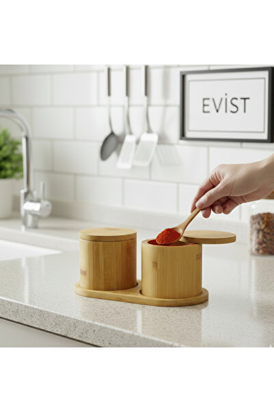 EVİST Double Wooden Bamboo Spice Container (Round=8X8) (Base=9.5X19.5) (Turna...