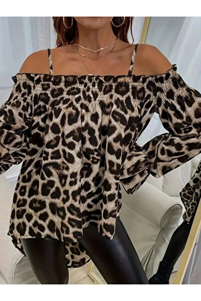 GENCULUS Women's Rope Strap Off-The-Shoulder Leopard Print Asymmetrical Cut Single Jersey Blouse