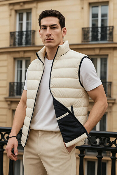 comstar Men's Winter Trendy Zippered Cream Puffer Vest with Pockets