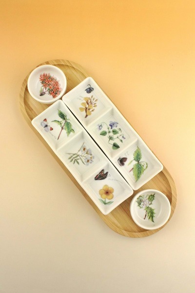 Bursa Porselen Dekor Botanical Bamboo Stand Porcelain Sauce Bowl Set