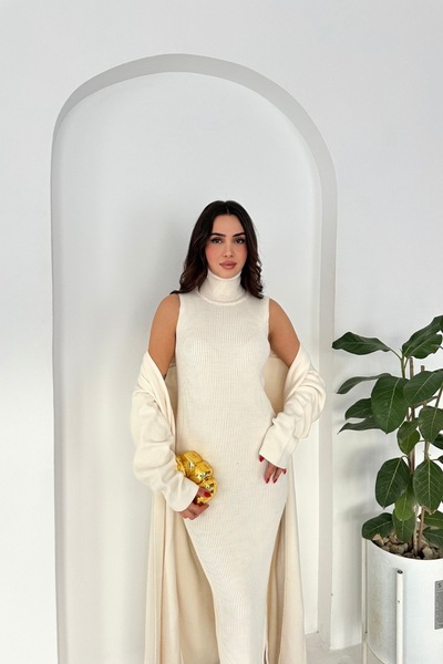 Noi Belis Maxi Boy Cardigan Turtleneck Dress Knitwear Set Aw25Hi0058