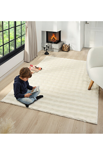 CASERA HOME BUBBLE COLLECTION TAVŞAN TÜYÜ KAYMAZ TABAN YUMUŞAK TÜYLÜ BEYAZ HALI