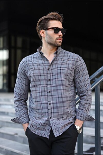 Madmext Gray Buttoned Plaid Patterned Men's Shirt E6768