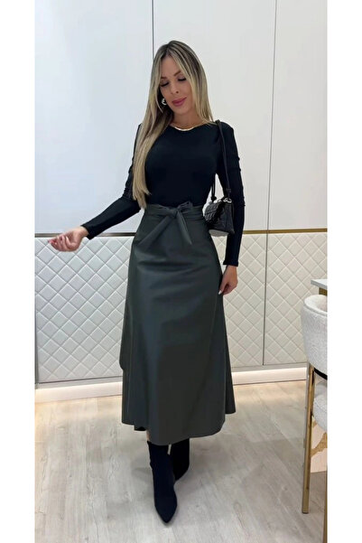 GENCULUS Women's Belted Long Leather Skirt