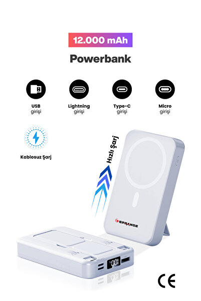 SPRANGE Magsafe Powerbank 12000 Mah Standlı Hızlı Taşınabilir Iphone 11 12 13 14 15 16 17 Samsung uyumlu