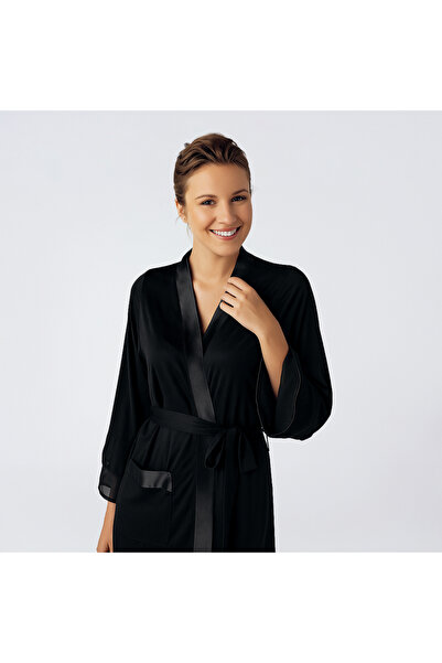 Penelope Laura Chiffon Satin Detailed Viscose Dressing Gown - Black/M