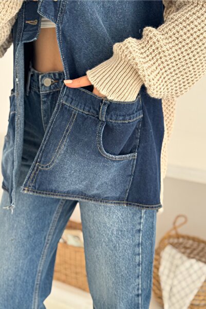 FEMELLE Beige Sleeves and Back Knitwear Jeans Denim Oversized Cardigan with Pockets Standard Size