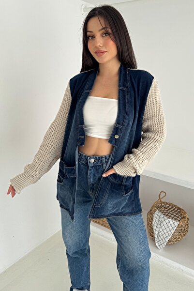 FEMELLE Beige Sleeves and Back Knitwear Jeans Denim Oversized Cardigan with Pockets Standard Size