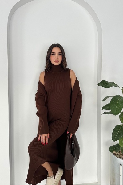 Noi Belis Maxi Boy Cardigan Turtleneck Dress Knitwear Set Aw25Hi0058