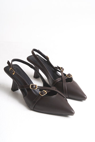 Bak Store Bitter Brown Skin Matte Gold Buckle Heeled Women's Shoes Pointed Toe