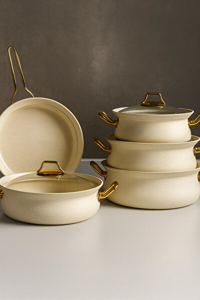 OMS 9 Pcs Ivory Color Premium Granite Induction Safe Cookware Set Made in Turkey | 3045